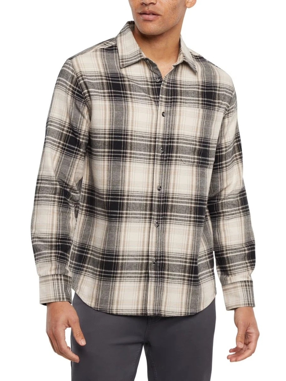 Eddie Bauer Cream and Black Plaid Button-Down Shirt
